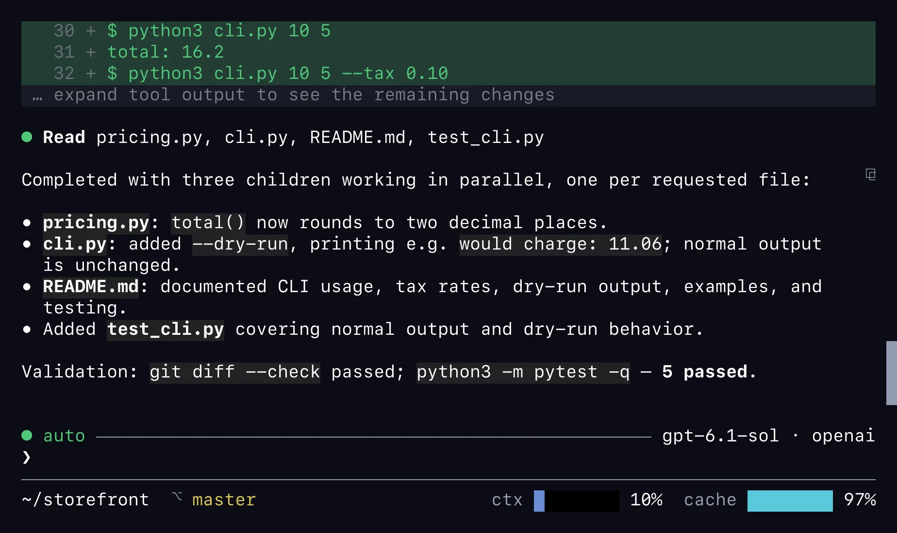 summonr in a terminal on GPT-6.1 Sol: three subagents fix total(), add a --dry-run flag, and document the CLI at once, each line showing what it is doing until it completes, then the tests pass.